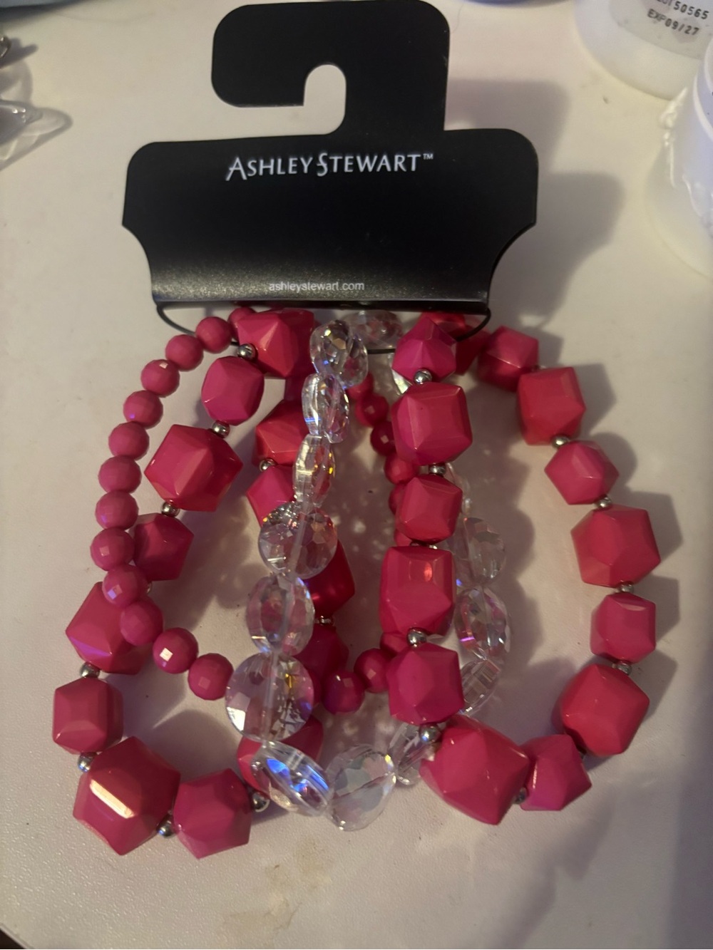 Ashley Stewart Hot Pink and Clear Beaded Bracelet Stack